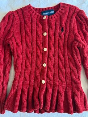 Ralph Lauren Red Cable Knit Button-Up Cardigan